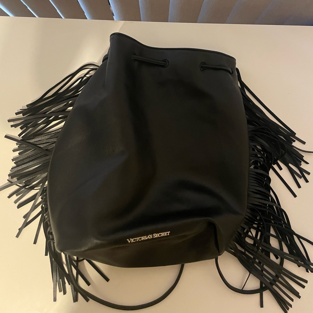 Victoria’s Secret Black Faux Leather Fringe Backpack Handbag
